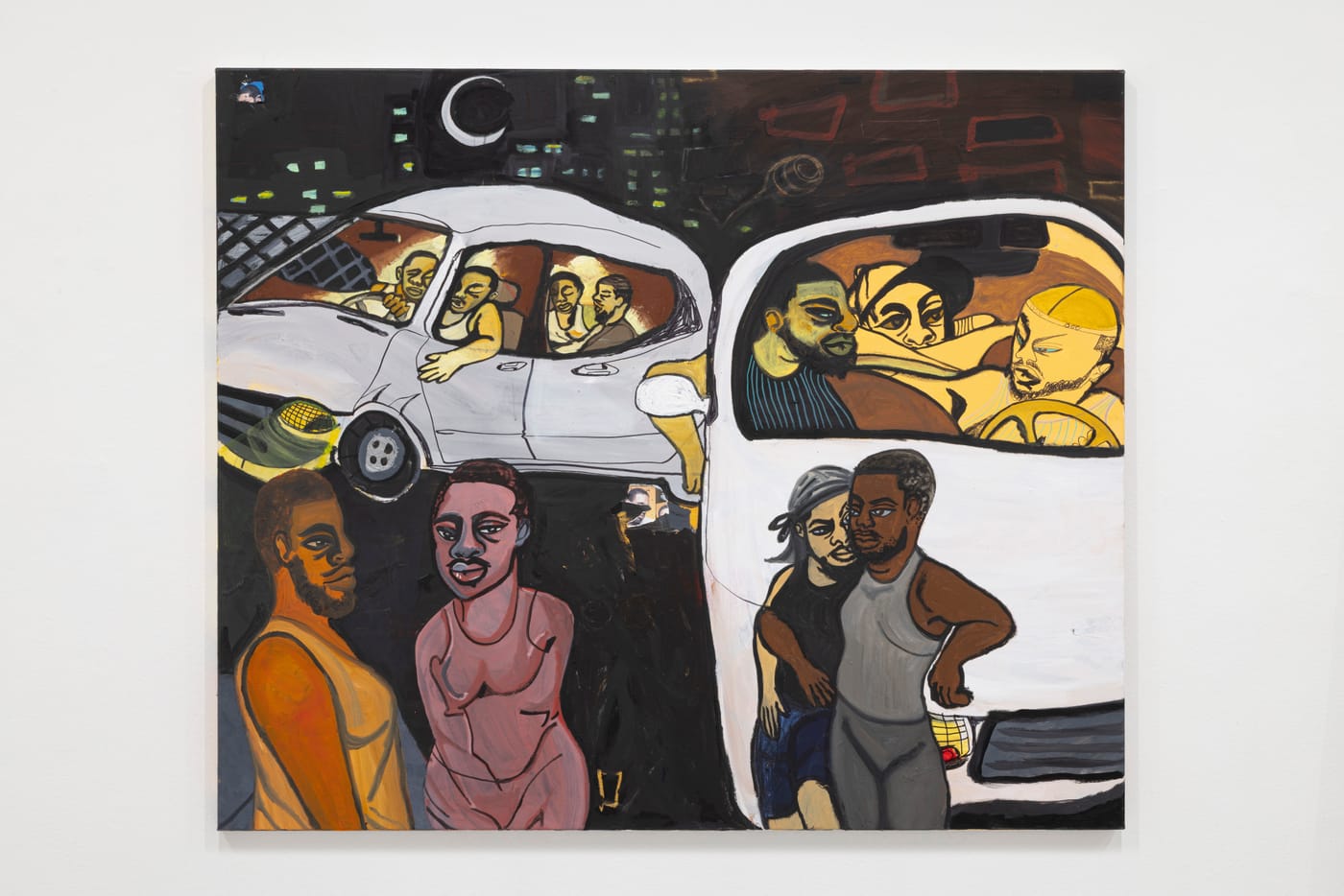 Jonathan Lyndon Chase – Driving by parked friends, beautiful passengers – Pen, marker, oil stick, acrylic paint, and photo collage on canvas