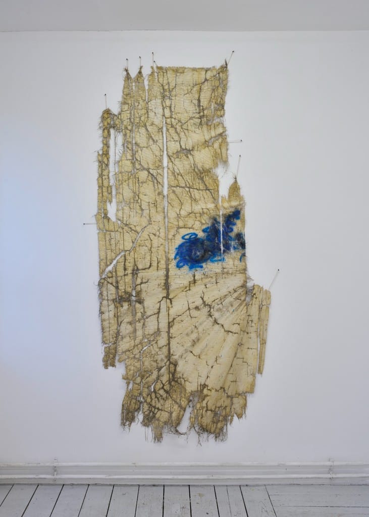 Omar Mismar Root and branch #2 (شيل ما تخلي), 2025 Watercolor, spray paint on salvaged flex banner 217 x 98 cm Courtesy of the artist