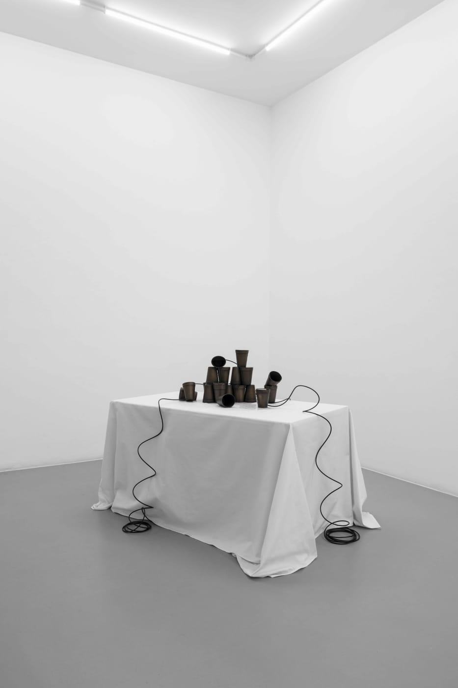 Tomás Díaz Cedeño – One last conversation – bronzo, tubi flessibili, pompa d'acqua, tessuto, tavolo, acqua