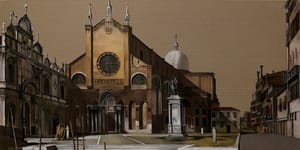 Gianfranco Gentile – Aqua alta (Campo santi Giovanni e Paolo a Venezia col monumento a Bartolomeo Colleoni) – Pastelli morbidi su cartone ondulato