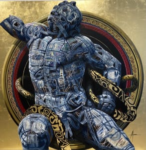 Francis Nathan Abiamba, Afran – Laocoonte rammendato – Acrylic and denim on canvas
