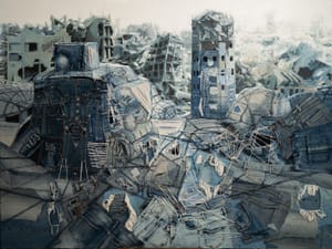 Francis Nathan Abiamba, Afran – Paesaggio da rammendare – Acrilico e jeans su tela
