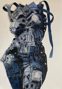 Francis Nathan Abiamba, Afran – Corpo femminile rammendato – Acrylic and denim on canvas