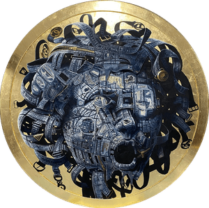 Francis Nathan Abiamba, Afran – Medusa rammendata – Acrylic and denim on canvas