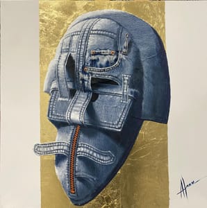 Francis Nathan Abiamba, Afran – Maschera su misura – Acrylic, denim and gold leaf on canvas