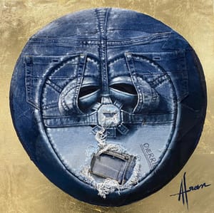 Francis Nathan Abiamba, Afran – Maschera su misura – Acrylic, denim and gold leaf on canvas