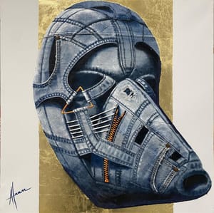 Francis Nathan Abiamba, Afran – Maschera su misura – Acrylic, denim and gold leaf on canvas