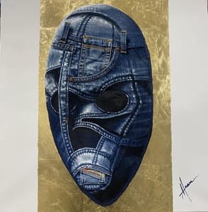 Francis Nathan Abiamba, Afran – Maschera su misura – Acrylic, denim and gold leaf on canvas