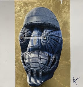 Francis Nathan Abiamba, Afran – Maschera su misura – Acrylic, denim and gold leaf on canvas
