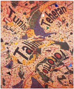 Luigi Dellatorre – Cucire il mondo #275 – Mixed Media, Jeans, digital print, stitching, vinyl paint, globe