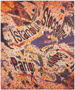 Luigi Dellatorre – Cucire il mondo #276 – Mixed Media, Jeans, digital print, stitching, vinyl paint, globe