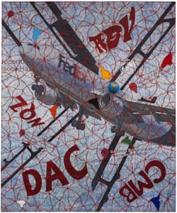 Luigi Dellatorre – Cucire il mondo #280 – Mixed Media, Jeans, digital print, stitching, vinyl paint, globe