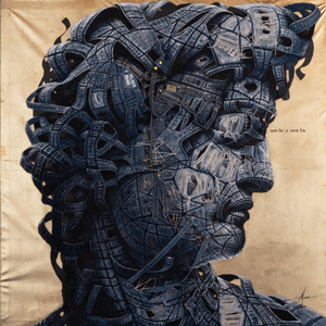 Francis Nathan Abiamba, Afran – DAVID & GOL'IA – Tecnica mista, collage, cuciture, acrilico e foglia d'oro su tela